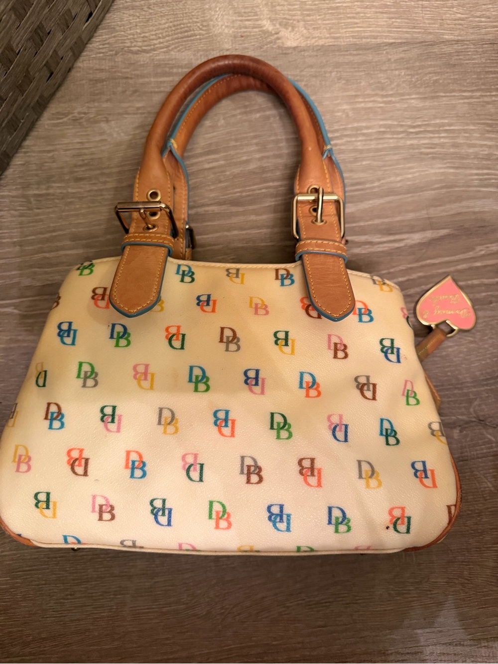 Dooney & Bourke Cream Multicolor DB Logo Satchel with Tan Trim